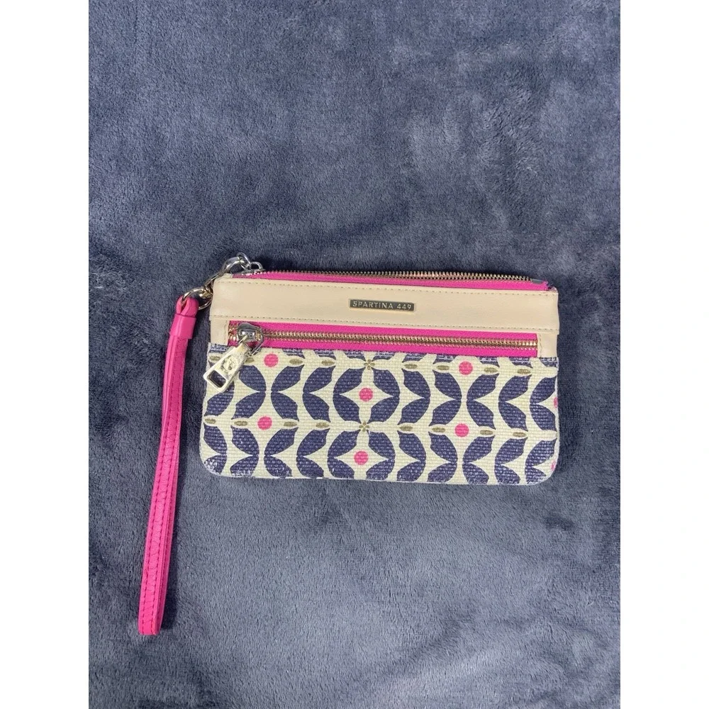 Spartina 449 Snap Wallet Genuine Leather Wristlet Pink Accents Geometric Design
